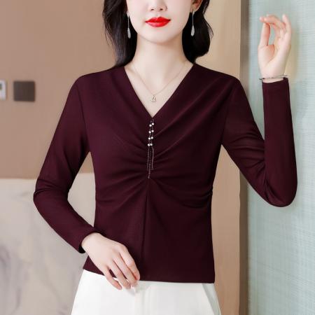 FA40007# 秋季新款上修V领气质上衣女捏褶收腰遮肉显瘦洋气百搭装 服裝批發女裝批發服飾貨源