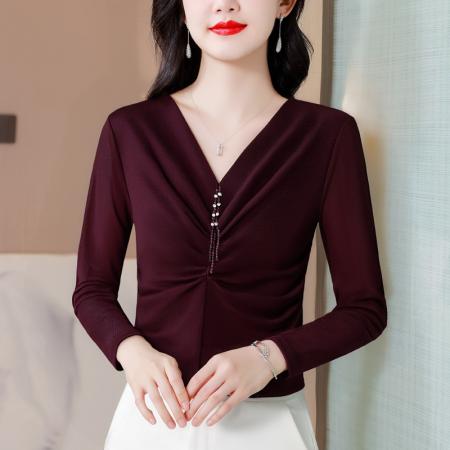 FA40007# 秋季新款上修V领气质上衣女捏褶收腰遮肉显瘦洋气百搭装 服裝批發女裝批發服飾貨源