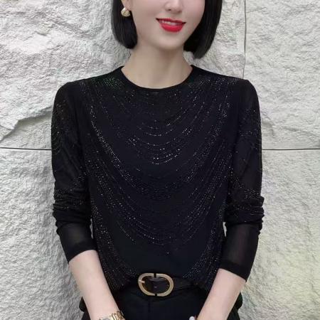 FA40008# 秋季新款烫钻显瘦洋气百搭长袖半高领打底衫修身小衫女 服裝批發女裝批發服飾貨源