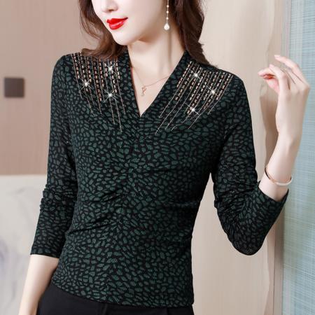 FA40009# 秋季新款打底衫女V领长袖气质修身烫钻弹力上衣 服裝批發女裝批發服飾貨源