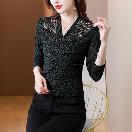 FA40009# 秋季新款打底衫女V领长袖气质修身烫钻弹力上衣 服裝批發女裝批發服飾貨源