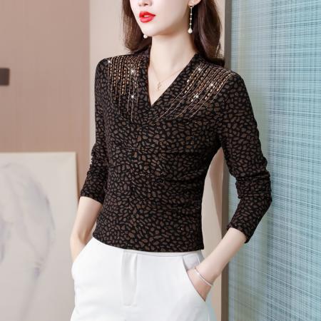 FA40009# 秋季新款打底衫女V领长袖气质修身烫钻弹力上衣 服裝批發女裝批發服飾貨源