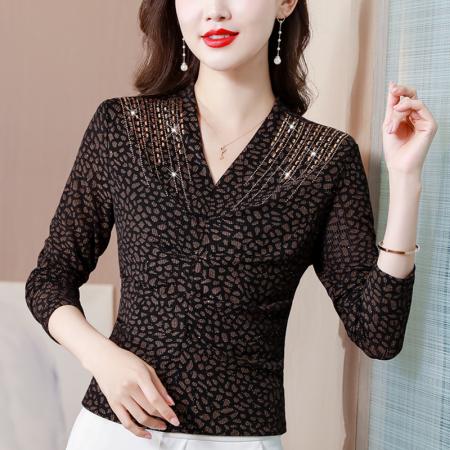 FA40009# 秋季新款打底衫女V领长袖气质修身烫钻弹力上衣 服裝批發女裝批發服飾貨源