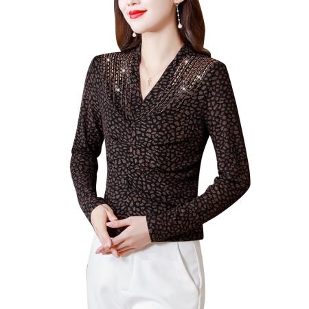 FA40009# 秋季新款打底衫女V领长袖气质修身烫钻弹力上衣 服裝批發女裝批發服飾貨源