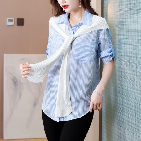 FA40010# 秋季新款真丝韩版宽松条纹衬衣女长袖POLO领开衫衬衫 服裝批發女裝批發服飾貨源