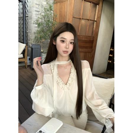 FA40011# 木耳边v领飘带衬衫宽松长袖内搭上衣衬衣女秋 服裝批發女裝批發服飾貨源