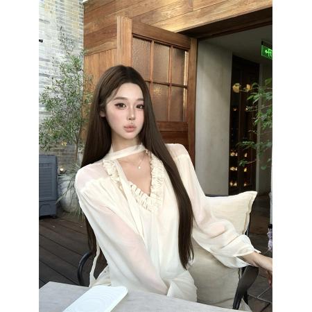 FA40011# 木耳边v领飘带衬衫宽松长袖内搭上衣衬衣女秋 服裝批發女裝批發服飾貨源