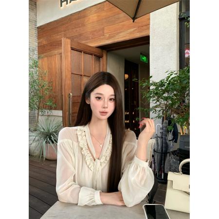 FA40011# 木耳边v领飘带衬衫宽松长袖内搭上衣衬衣女秋 服裝批發女裝批發服飾貨源