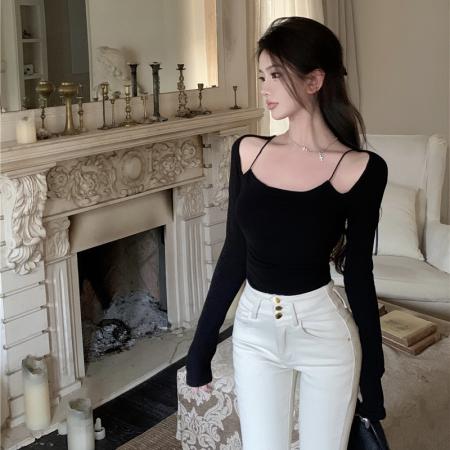 FA40012# 肤感享受紫灰黑假两件褶皱长袖女春夏内搭打底衫 服裝批發女裝批發服飾貨源