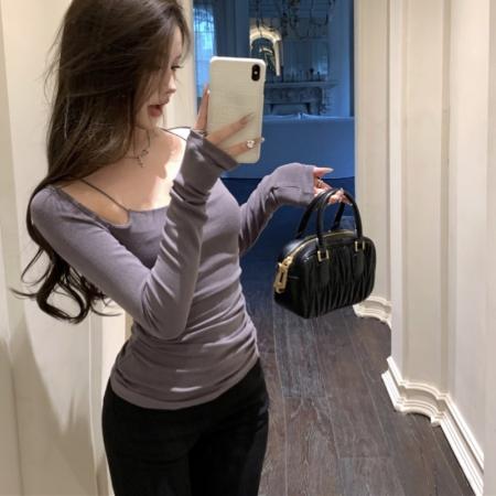 FA40012# 肤感享受紫灰黑假两件褶皱长袖女春夏内搭打底衫 服裝批發女裝批發服飾貨源