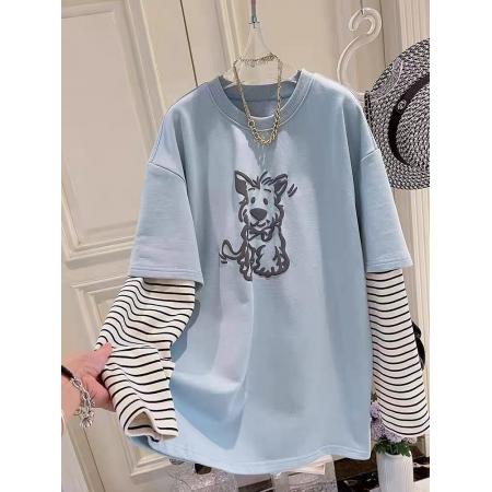 FA40018# 日系学院风假两件长袖T恤女春秋韩版潮牌拼接条纹上衣 服裝批發女裝批發服飾貨源