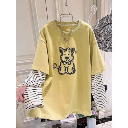 FA40018# 日系学院风假两件长袖T恤女春秋韩版潮牌拼接条纹上衣 服裝批發女裝批發服飾貨源