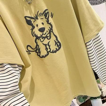 FA40018# 日系学院风假两件长袖T恤女春秋韩版潮牌拼接条纹上衣 服裝批發女裝批發服飾貨源
