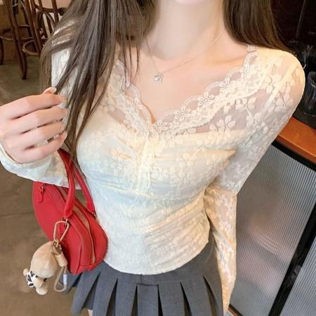 FA40021# 内里加绒纯欲辣妹v领上衣女秋冬小香风蕾丝打底衫内搭小衫 服裝批發女裝批發服飾貨源