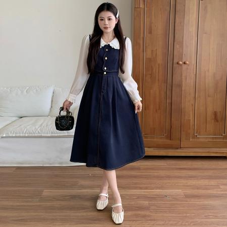 FA40023# 大码女装秋季新款胖mm韩版减龄娃娃领收腰中长显瘦连衣裙 服裝批發女裝批發服飾貨源