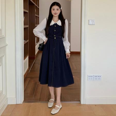 FA40023# 大码女装秋季新款胖mm韩版减龄娃娃领收腰中长显瘦连衣裙 服裝批發女裝批發服飾貨源
