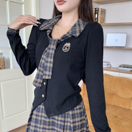 FA40024# 大码女装秋季新款胖MM韩版减龄格纹拼接Polo领上衣半身裙套装 服裝批發女裝批發服飾貨源