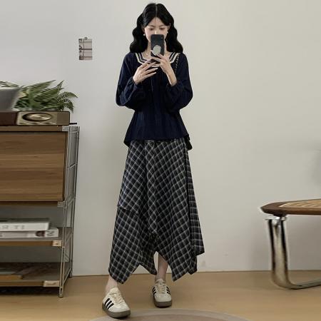 FA40025# 大码女装早秋新款胖mm气质民族风长袖上衣格子半身裙显瘦套装 服裝批發女裝批發服飾貨源