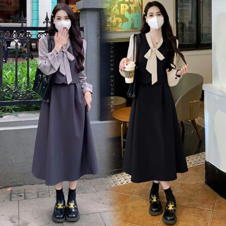 FA40026# 大码女装春季新款胖mm气质高级绑带V领假两件显瘦连衣裙 服裝批發女裝批發服飾貨源