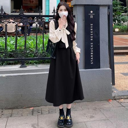 FA40026# 大码女装春季新款胖mm气质高级绑带V领假两件显瘦连衣裙 服裝批發女裝批發服飾貨源
