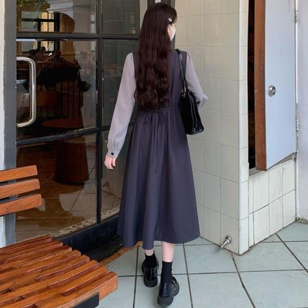 FA40026# 大码女装春季新款胖mm气质高级绑带V领假两件显瘦连衣裙 服裝批發女裝批發服飾貨源
