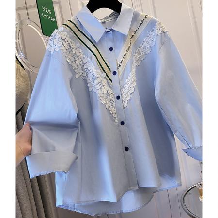 FA40028# 秋季新款时尚洋气设计感翻领拼接收腰长袖衬衫 服裝批發女裝批發服飾貨源