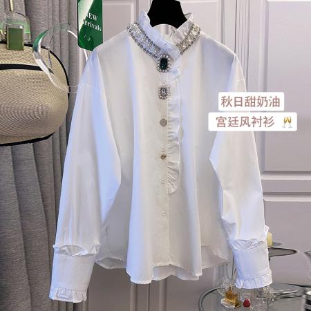 FA40029# 秋季新款时尚洋气设计感胖妹妹显瘦遮肉镶钻衬衫 服裝批發女裝批發服飾貨源