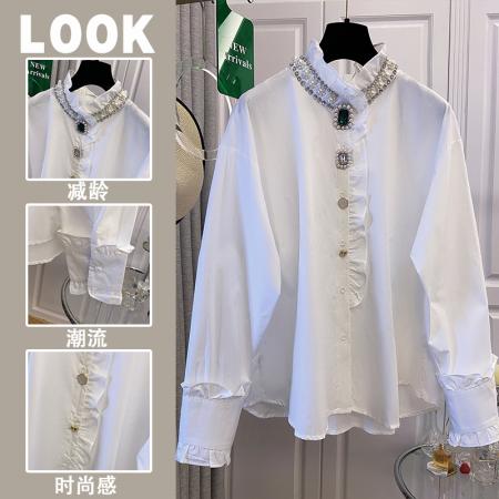 FA40029# 秋季新款时尚洋气设计感胖妹妹显瘦遮肉镶钻衬衫 服裝批發女裝批發服飾貨源