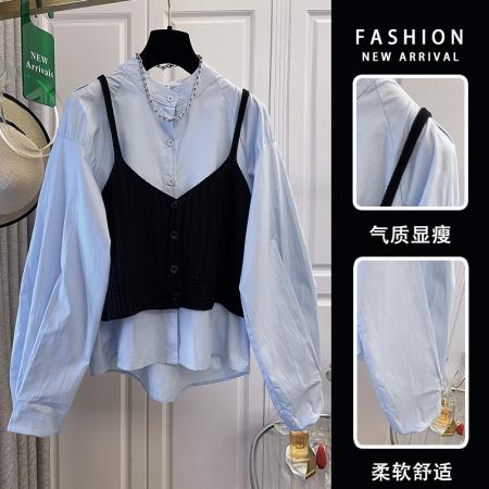 FA40030# 秋季新款时尚洋气设计感翻领拼接收腰长袖条纹衬衫两件套 服裝批發女裝批發服飾貨源