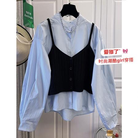 FA40030# 秋季新款时尚洋气设计感翻领拼接收腰长袖条纹衬衫两件套 服裝批發女裝批發服飾貨源