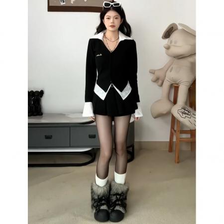 FA40031# 原版做法韩系polo撞色打底衫女春秋修身显瘦设计感休闲上衣潮 服裝批發女裝批發服飾貨源