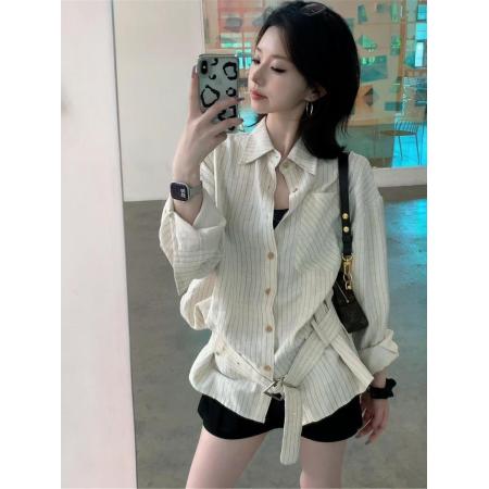 FA40035# 法式复古收腰宽松条纹衬衫上衣女秋季新款高级感小众翻领长袖衬衣 服裝批發女裝批發服飾貨源