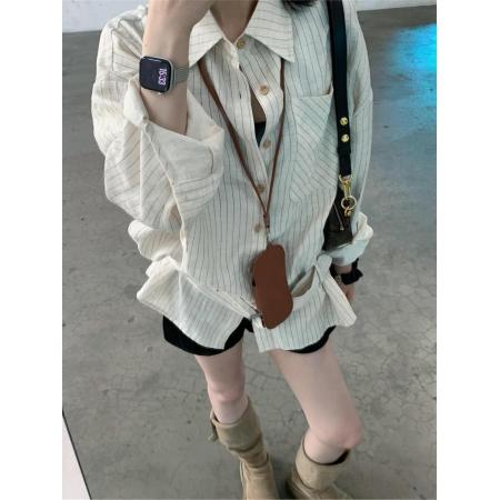 FA40035# 法式复古收腰宽松条纹衬衫上衣女秋季新款高级感小众翻领长袖衬衣 服裝批發女裝批發服飾貨源
