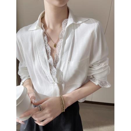 FA40036# 白色V领蕾丝拼接长袖衬衫女春季新款减龄时尚高级上衣 服裝批發女裝批發服飾貨源
