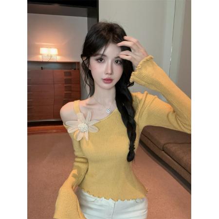 FA40038# 不规则斜领立体花朵针织衫吊带露肩辣妹木耳边毛衣女装百搭毛衣 服裝批發女裝批發服飾貨源