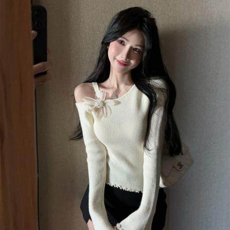 FA40038# 不规则斜领立体花朵针织衫吊带露肩辣妹木耳边毛衣女装百搭毛衣 服裝批發女裝批發服飾貨源