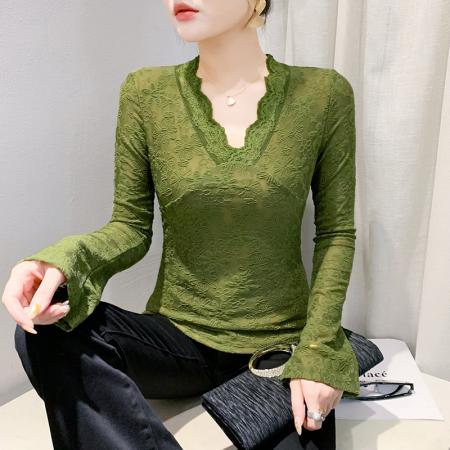 FA40041# 新款V领长袖镂空花边蕾丝拼接喇叭袖t恤女修身性感打底衫潮 服裝批發女裝批發服飾貨源