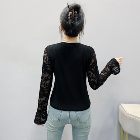 FA40042# 新款蕾丝花边拼接新款长袖圆领钉珠上衣洋气t恤女修身打底衫 服裝批發女裝批發服飾貨源