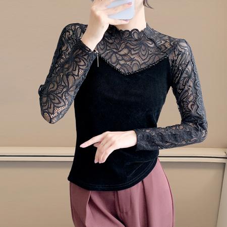 FA40044# 秋长袖半高领蕾丝拼接手工钉珠t恤女时尚修身打底衫潮 服裝批發女裝批發服飾貨源