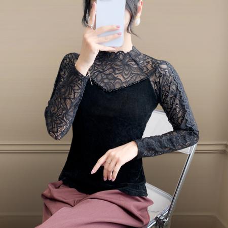 FA40044# 秋长袖半高领蕾丝拼接手工钉珠t恤女时尚修身打底衫潮 服裝批發女裝批發服飾貨源
