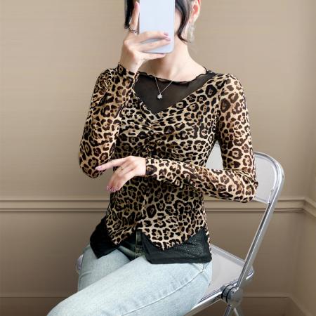 FA40045# 秋新款豹纹印花网纱拼接圆领长袖t恤女时尚修身打底衫潮 服裝批發女裝批發服飾貨源