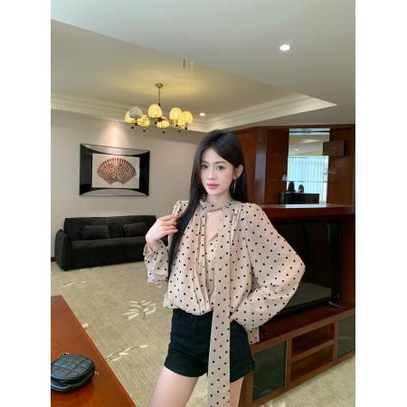 FA40047# 复古气质飘带小衫女设计感韩版小众宽松显瘦百搭上衣 服裝批發女裝批發服飾貨源