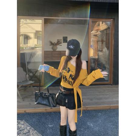 FA40050# 美式复古黄色印花斜肩绑带长袖T恤半身裙套装 服裝批發女裝批發服飾貨源
