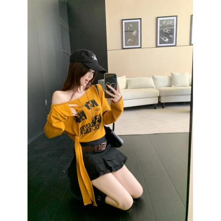 FA40050# 美式复古黄色印花斜肩绑带长袖T恤半身裙套装 服裝批發女裝批發服飾貨源