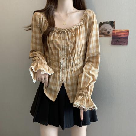 FA40053# 新款大码女装胖MM设计感黄色格子小衫收腰百搭显瘦上衣 服裝批發女裝批發服飾貨源