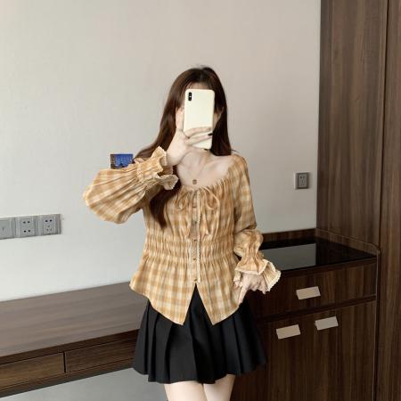 FA40053# 新款大码女装胖MM设计感黄色格子小衫收腰百搭显瘦上衣 服裝批發女裝批發服飾貨源