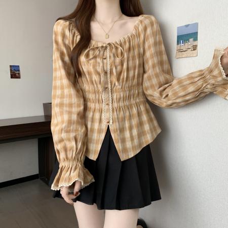 FA40053# 新款大码女装胖MM设计感黄色格子小衫收腰百搭显瘦上衣 服裝批發女裝批發服飾貨源