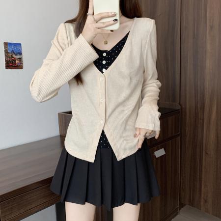 FA40055# 新款大码胖MM设计感假两件拼接波点修身显瘦辣妹百搭上衣 服裝批發女裝批發服飾貨源