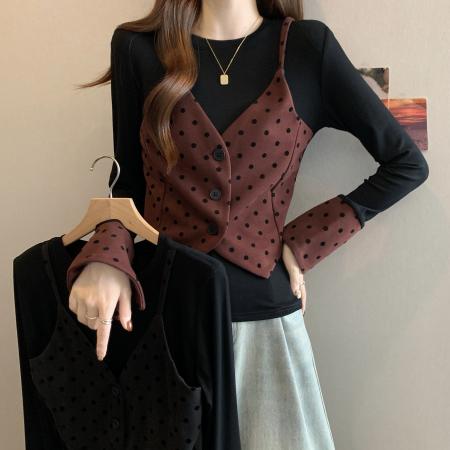 FA40057# 新款胖MM设计感假两件吊带马甲修身显瘦百搭上衣 服裝批發女裝批發服飾貨源