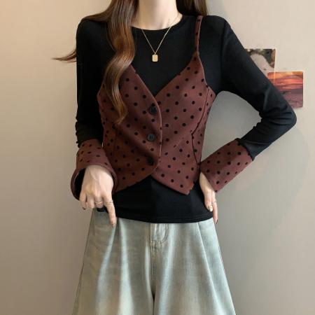 FA40057# 新款胖MM设计感假两件吊带马甲修身显瘦百搭上衣 服裝批發女裝批發服飾貨源